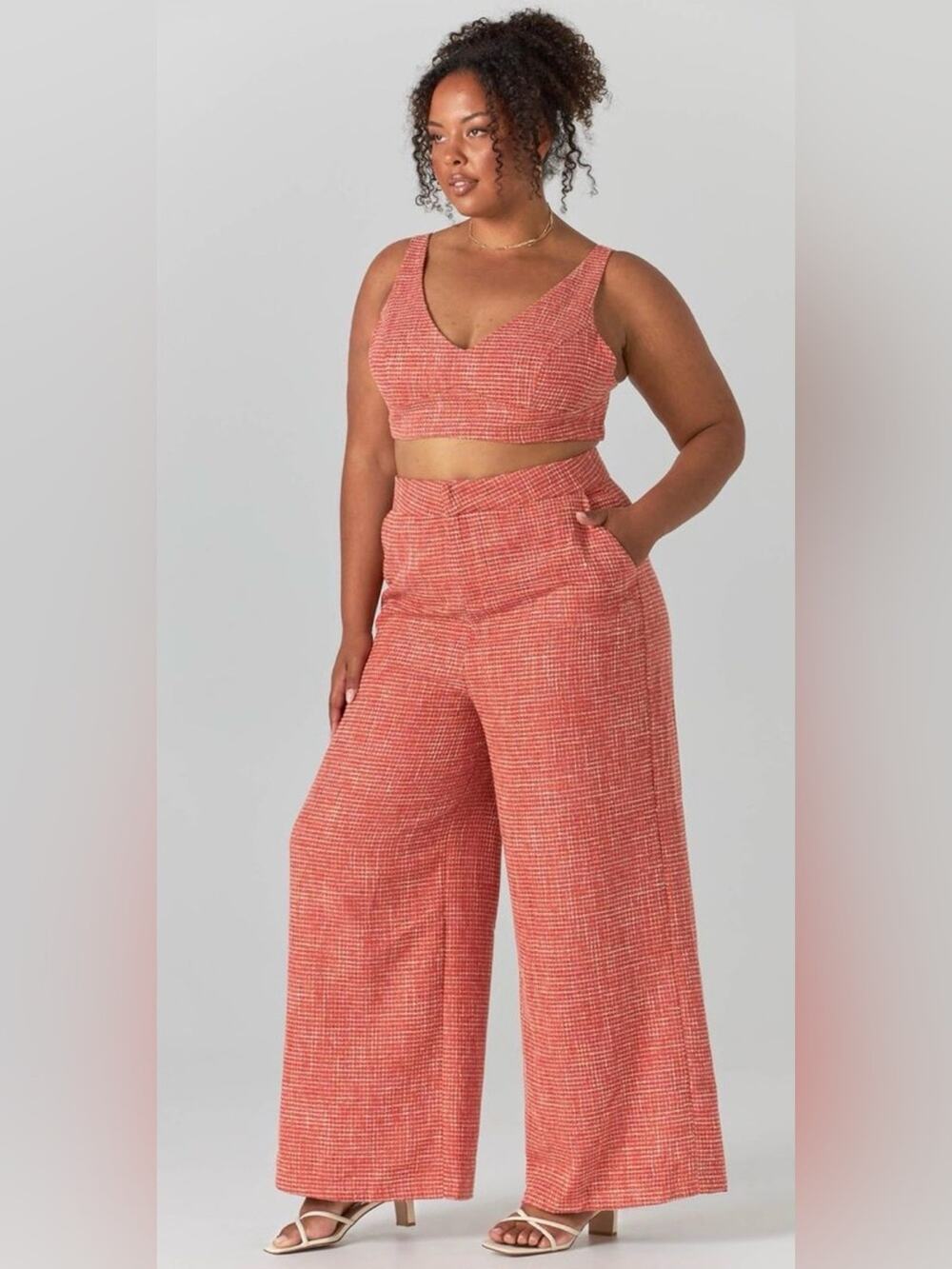 Showpo Adelaide Tweed Set US Size 12 Orange Crop Top Wide Leg Pants 2 Pc READ